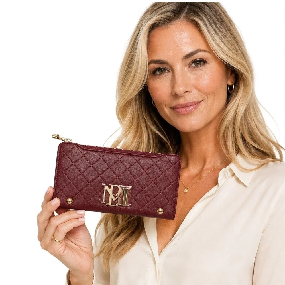Badgley Mischka Quilted Vegan Leather Stylish Elegant Wine Long Cards Wallet NWT